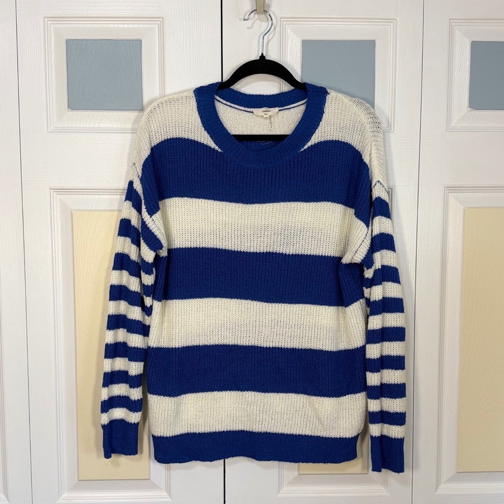 Entro Blue White Striped Crew Neck Knit Sweater T13922 Small Relaxed Fit